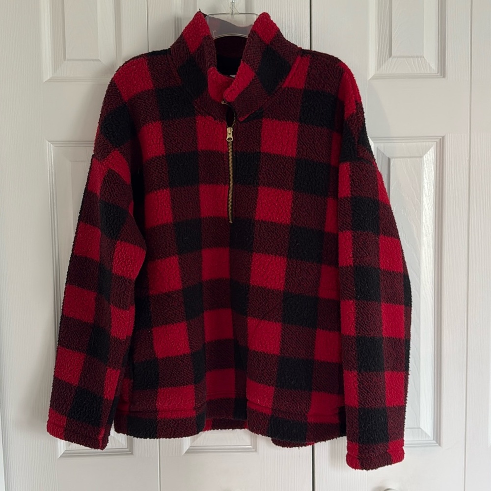 *Gently Worn* Old Navy Women's Red/Black Plaid Sherpa Quarter-Zip Pullover - XL